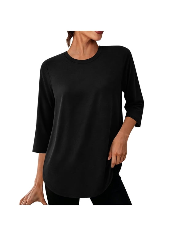 3/4 Sleeve Athletic Shirt For Women, Round Neck Curved Hem Tunic Top, Ladies Fall Casual Workout Pullover Tee Shirts S-XXL