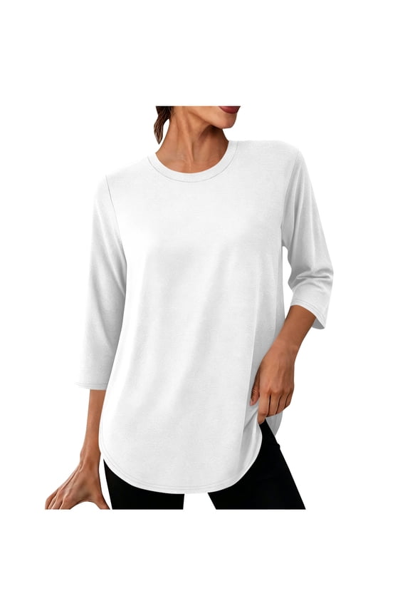 3/4 Sleeve Athletic Shirt For Women, Round Neck Curved Hem Tunic Top, Ladies Fall Casual Workout Pullover Tee Shirts S-XXL
