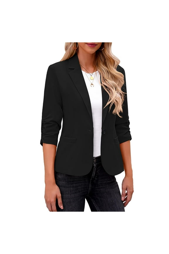 3/4 Sleeve Blazers for Women Collared Single-Breasted Business Work Suit Jackets Ladies Solid Slim Pleated Open Front Outerwear Coats