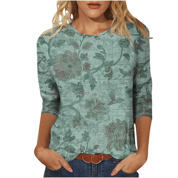 3/4 Sleeve Blouse for Women Round Neck Vintage Floral Print Loose Fit T Shirt Trendy Summer Fall Comfy Tees Outfits