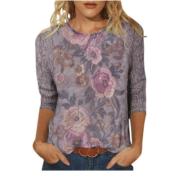 3/4 Sleeve Blouse for Women Round Neck Vintage Floral Print Loose Fit T Shirt Trendy Summer Fall Comfy Tees Outfits