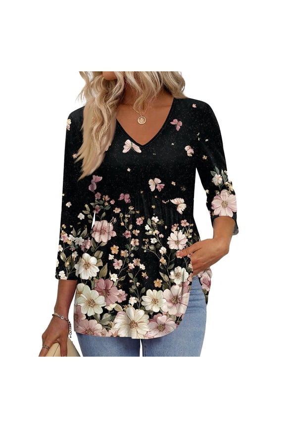 3/4 Sleeve Blouses For Women Dressy Casual V Neck Summer Tops For Women With Leggings Pleated Curved Hem Tunic Black 2XL