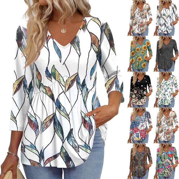 3/4 Sleeve Blouses For Women Dressy Casual V Neck Summer Tops For Women With Leggings Pleated Curved Hem Tunic Green M