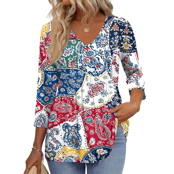 3/4 Sleeve Blouses For Women Dressy Casual V Neck Summer Tops For Women With Leggings Pleated Curved Hem Tunic Hot Pink S