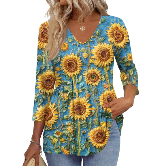 3/4 Sleeve Blouses For Women Dressy Casual V Neck Summer Tops For Women With Leggings Pleated Curved Hem Tunic Khaki L