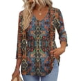 thumbnail image 1 of 3/4 Sleeve Blouses For Women Dressy Casual V Neck Summer Tops For Women With Leggings Pleated Curved Hem Tunic Light Brown M, 1 of 4