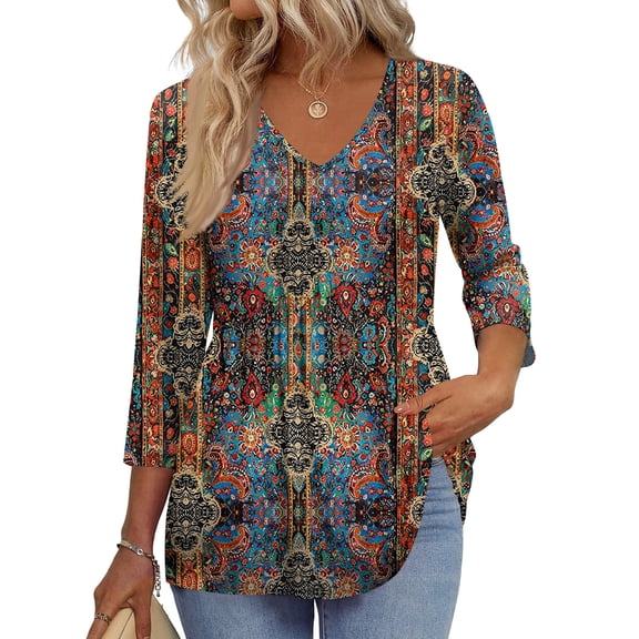 3/4 Sleeve Blouses For Women Dressy Casual V Neck Summer Tops For Women With Leggings Pleated Curved Hem Tunic Light Brown M