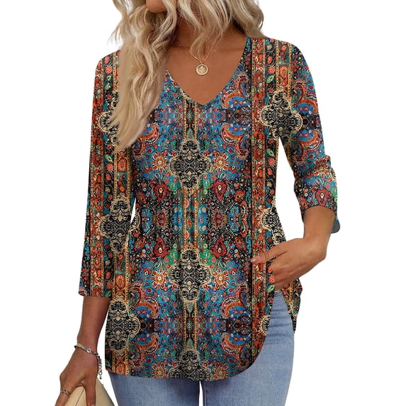 3/4 Sleeve Blouses For Women Dressy Casual V Neck Summer Tops For Women With Leggings Pleated Curved Hem Tunic Light Brown XL