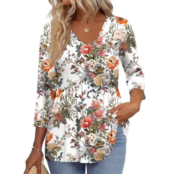 3/4 Sleeve Blouses For Women Dressy Casual V Neck Summer Tops For Women With Leggings Pleated Curved Hem Tunic Pink 2XL