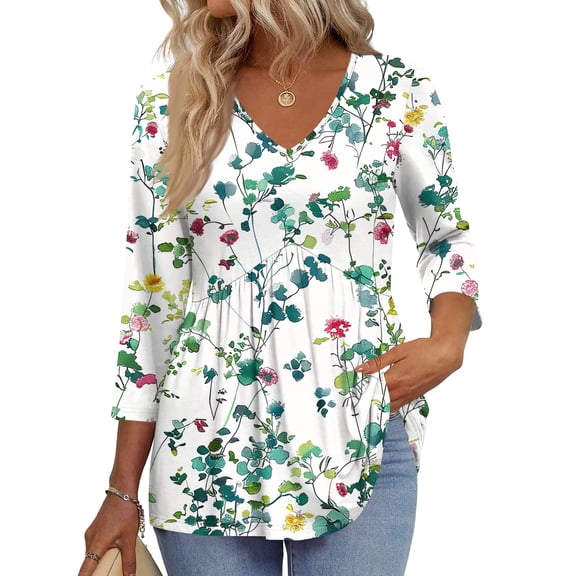 3/4 Sleeve Blouses For Women Dressy Casual V Neck Summer Tops For Women With Leggings Pleated Curved Hem Tunic Sky Blue S