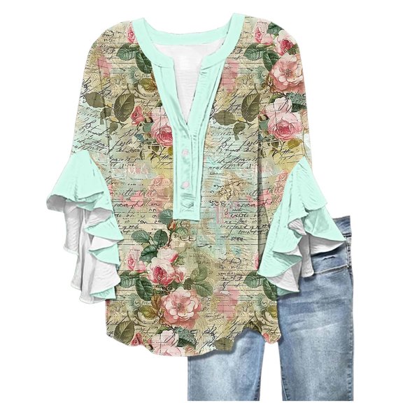 3/4 Sleeve Blouses for Women, 3/4 Length Sleeve Womens Tops Summer V-Neck Floral Pattern Blouses Trendy Button-up Front Ruffle Sleeve Tunic T-Shirts Dressy Casual Loose Blouse Shirts, MR-5, S