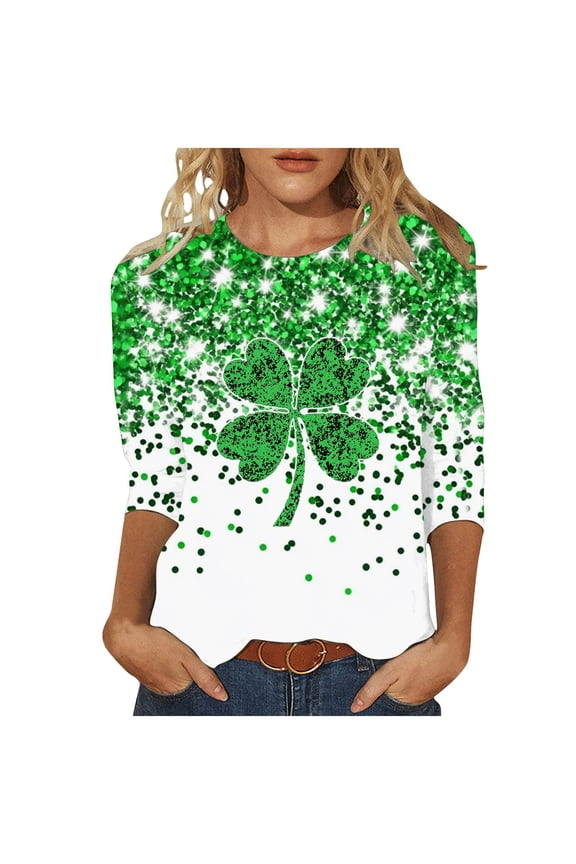 3/4 Sleeve Blouses for Women Dressy,St. Patrick's Day Women's Tie Dye 3/4 Sleeve T-Shirt Leaf Clover Print Casual Loose Tops for Holiday Party & Daily Wear