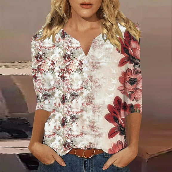 3/4 Sleeve Blouses for Women White Womens Summer Graphic Tshirts 2026 Cute Summer Tops for Women Floral Tshirts Shirts for Women Cotton Graphics
