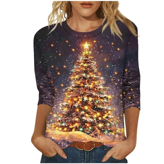 3/4 Sleeve Blouses For Womens Crew Neck Tops Christmas Tree Graphic Blouse Comfort Casual Christmas Elements Sweatshirt Casual Tops Comfy Fall Fashion Outfits Winter Clothes