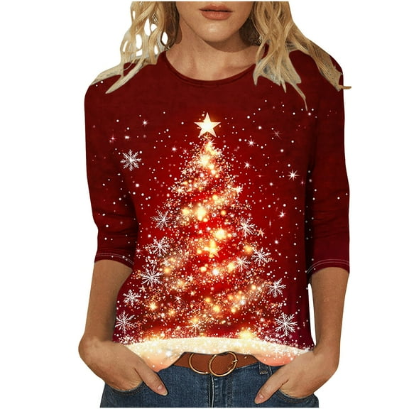3/4 Sleeve Blouses For Womens Crew Neck Tops Christmas Tree Graphic Blouse Comfort Casual Christmas Elements Sweatshirt Casual Tops Comfy Fall Fashion Outfits Winter Clothes