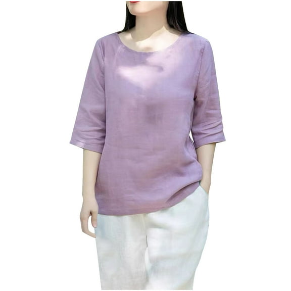 3/4 Sleeve Blouses for Women Crew Neck Shirts Loose Solid Slim Casual Summer Tops