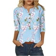 thumbnail image 1 of 3/4 Sleeve Blouses for Women Dressy Casual Floral Printed V Neck Button down Tops Summer Loose Fit Tunic Shirts (2XL, Light Blue 1), 1 of 5