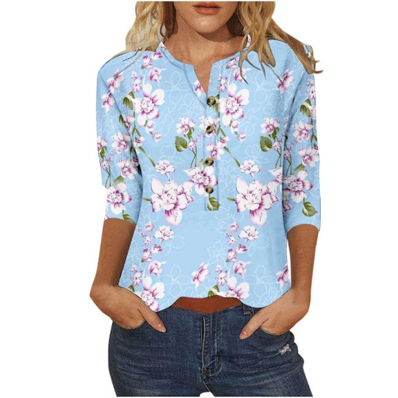 3/4 Sleeve Blouses for Women Dressy Casual Floral Printed V Neck Button down Tops Summer Loose Fit Tunic Shirts (3XL, Light Blue 1)