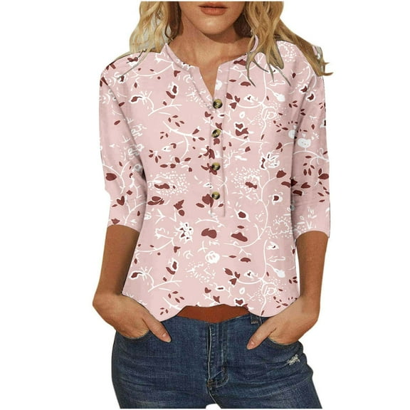 3/4 Sleeve Blouses for Women Dressy Casual Floral Printed V Neck Button down Tops Summer Loose Fit Tunic Shirts (3XL, Pink)
