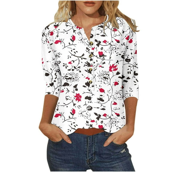 3/4 Sleeve Blouses for Women Dressy Casual Floral Printed V Neck Button down Tops Summer Loose Fit Tunic Shirts (3XL, White)