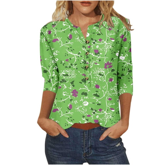3/4 Sleeve Blouses for Women Dressy Casual Floral Printed V Neck Button down Tops Summer Loose Fit Tunic Shirts (M, Green)