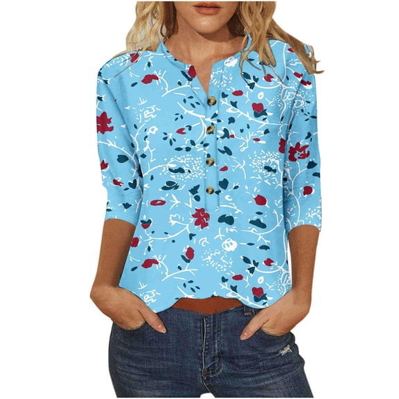 3/4 Sleeve Blouses for Women Dressy Casual Floral Printed V Neck Button down Tops Summer Loose Fit Tunic Shirts (M, Light Blue)