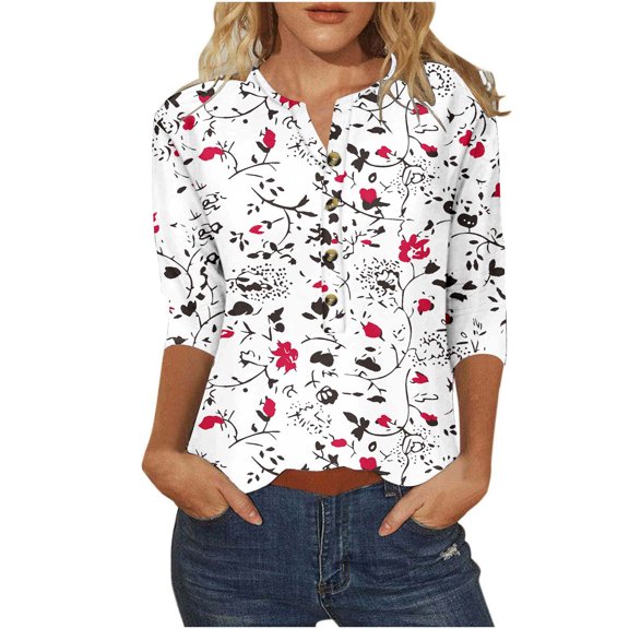 3/4 Sleeve Blouses for Women Dressy Casual Floral Printed V Neck Button down Tops Summer Loose Fit Tunic Shirts (M, White)