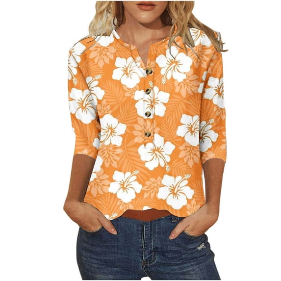 3/4 Sleeve Blouses for Women Dressy Casual Floral Printed V Neck Button down Tops Summer Loose Fit Tunic Shirts (XL, Orange)