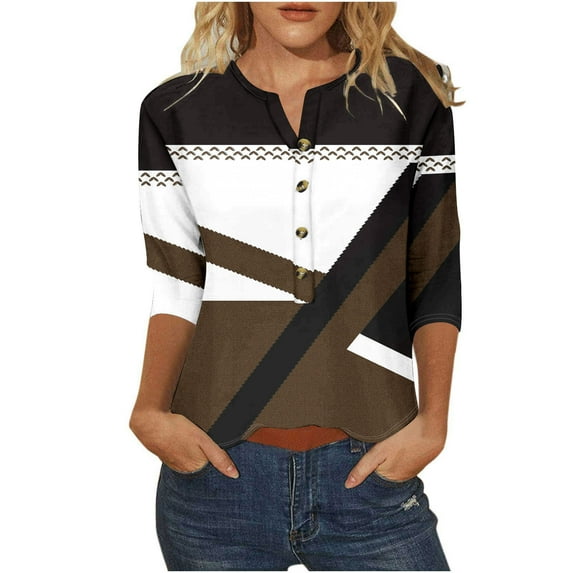 3/4 Sleeve Blouses for Women Dressy Casual Striped V Neck Button down Shirts Summer Color Block Loose Fit Tops (L, Brown)