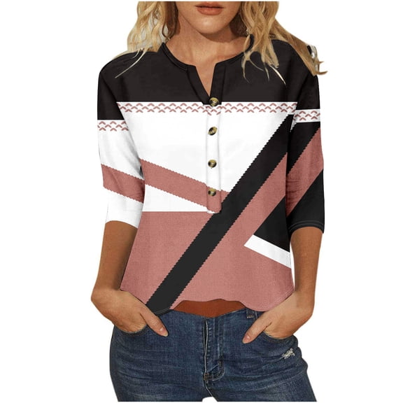 3/4 Sleeve Blouses for Women Dressy Casual Striped V Neck Button down Shirts Summer Color Block Loose Fit Tops (XL, Orange)
