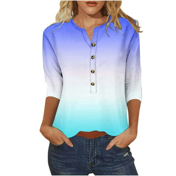3/4 Sleeve Blouses for Women Dressy Casual Summer V Neck Button down Tunic Tops Solid Color Loose Fit Shirts (L, Blue)