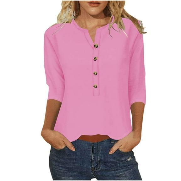 3/4 Sleeve Blouses for Women Dressy Casual Summer V Neck Button down Tunic Tops Solid Color Loose Fit Shirts (XL, Pink)