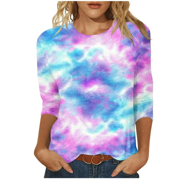 3/4 Sleeve Blouses for Women Funny Tie Dye Crew Neck Pullover Tops Trendy Spring Summer T-shirt Holiday Beach Attire
