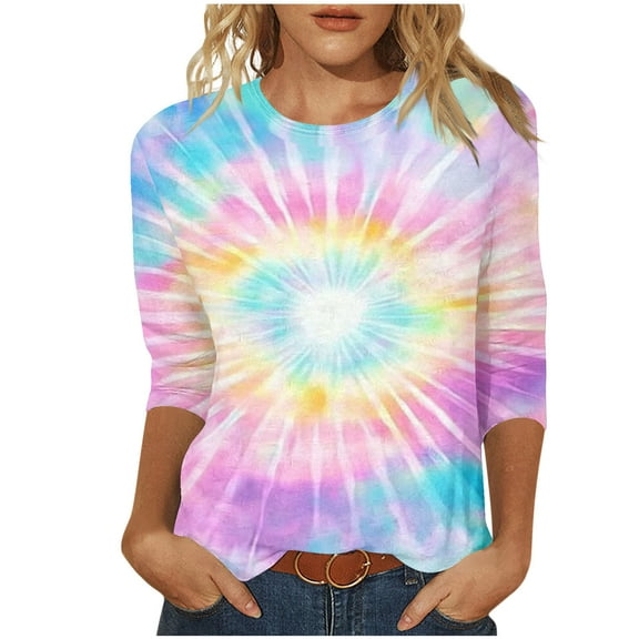 3/4 Sleeve Blouses for Women Funny Tie Dye Crew Neck Pullover Tops Trendy Spring Summer T-shirt Holiday Beach Attire