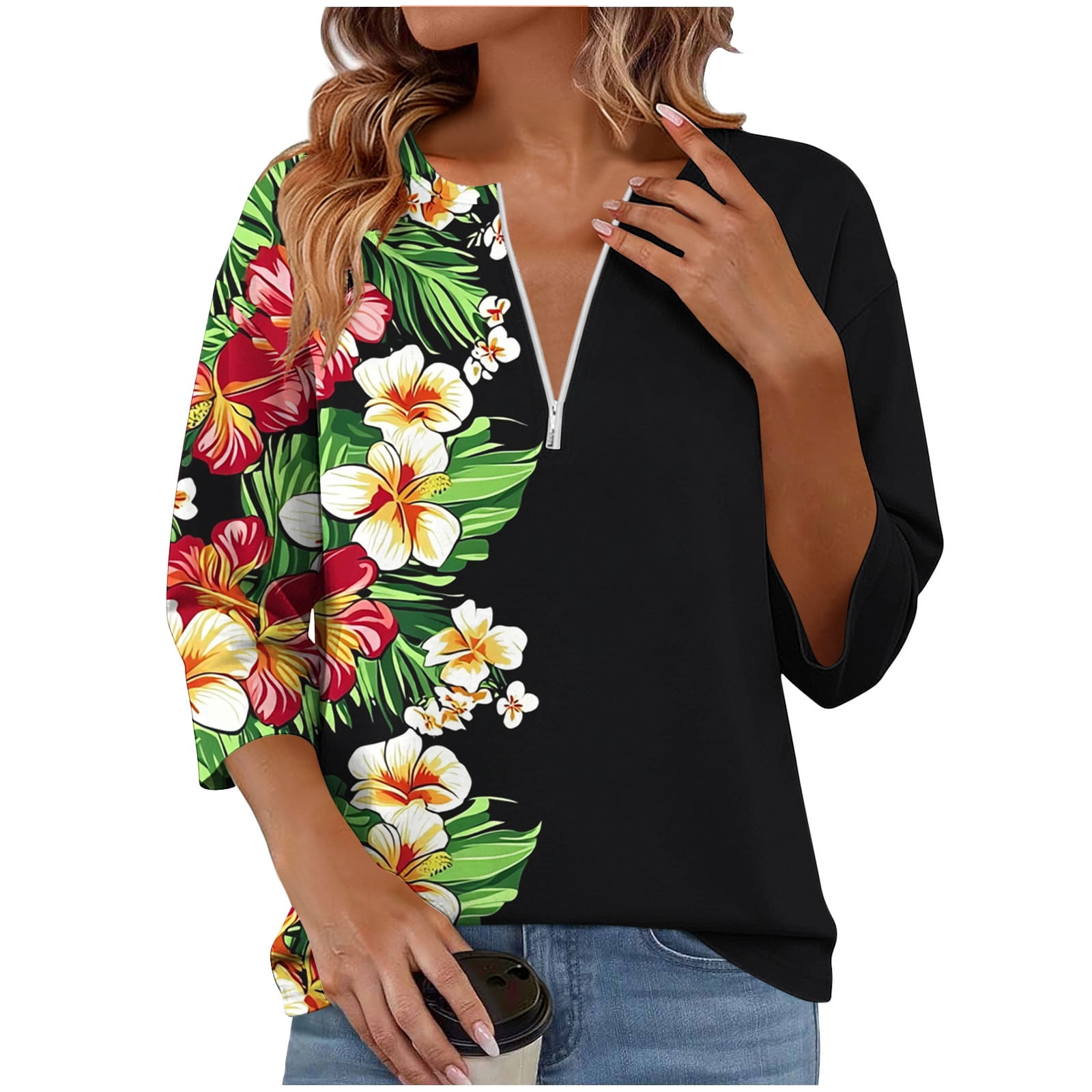 3/4 Sleeve Blouses for Women Vintage Floral Print Shirt Quarter Zip ...