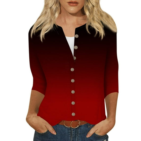 3/4 Sleeve Button Down Cardigan Shirts Lightweight Casual Jacket for Women Fall Spring Thin Outerwear Tops (XL, Red 01)