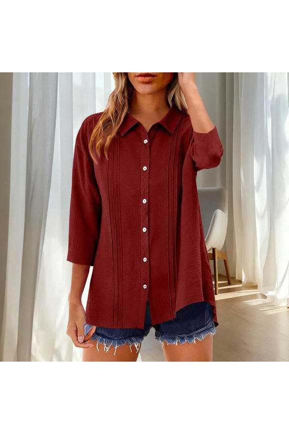 3/4 Sleeve Button Down Shirts For Women Spring Summer Fashion Collared Linen Tops Pleated Work Office Blouses, M