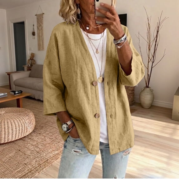 3/4 Sleeve Cardigan Sweaters for Women Lightweight Fall Cotton Blend Cardigans Open Front Button Down Casual Coats(Khaki,XL)