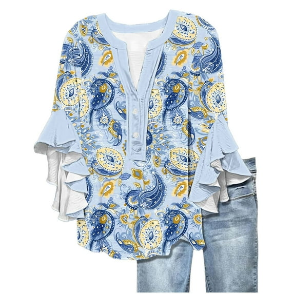 3/4 Sleeve Cardigan for Women, Ruffle Sleeve Blouses for Women 3/4 Sleeve Tops Sprint Fashion Floral Print Blouse 2025 Trendy Summer Tops Loose Casual Button-up Front T-Shirt , MR-21, XXL