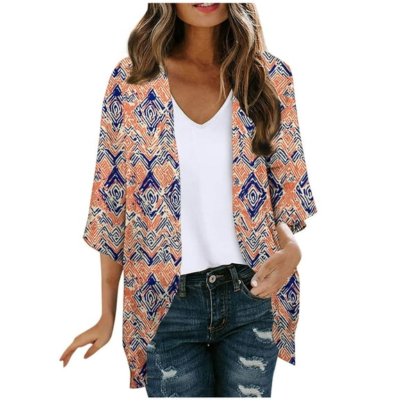 3/4 Sleeve Cardigans for Women Lightweight Soft Open Front Top Casual Beach Cover up Floral Print Stylish Kimonos