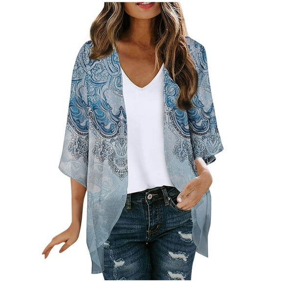 3/4 Sleeve Cardigans for Women Lightweight Soft Open Front Top Casual Beach Cover up Floral Print Stylish Kimonos
