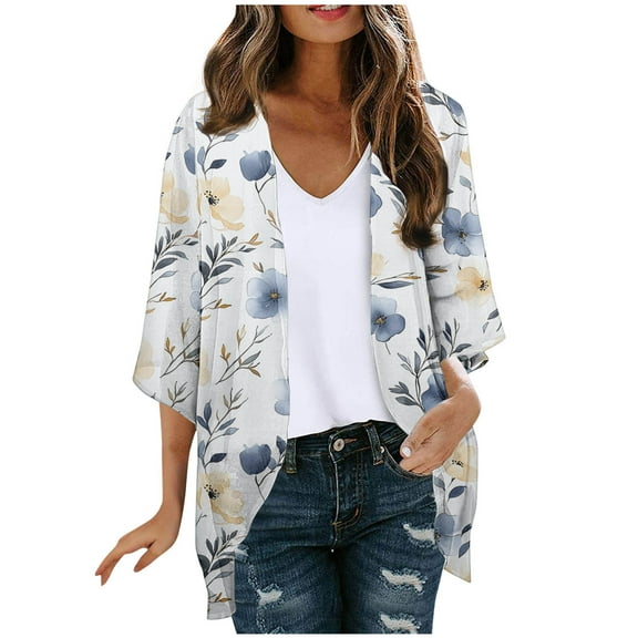3/4 Sleeve Cardigans for Women Lightweight Soft Open Front Top Casual Beach Cover up Floral Print Stylish Kimonos