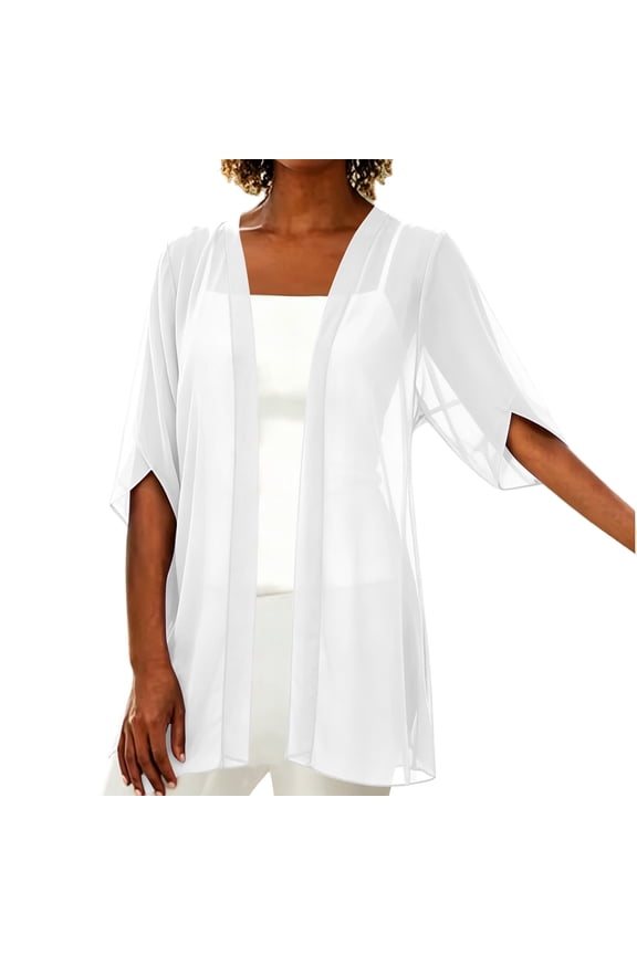 3/4 Sleeve Cardigans for Women Open Front Chiffon Lightweight Solid Color Casual Summer Jacket Coat