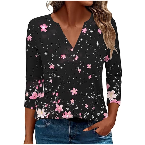 3/4 Sleeve Casual T Shirts for Women Plus Size Tops Graphic Printed V Neck Tees Summer Fall Casual Tshirts (L, Black 01)
