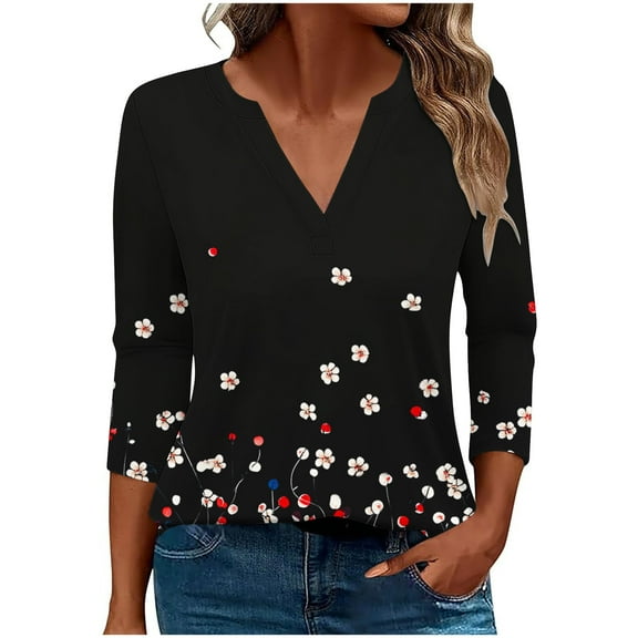 3/4 Sleeve Casual T Shirts for Women Plus Size Tops Graphic Printed V Neck Tees Summer Fall Casual Tshirts (XL, Black)