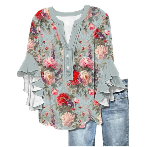 3/4 Sleeve Casual Tops for Women, Floral 3/4 Sleeve Tops for Women Floral Blouses New 2025 Trendy Casual Loose V-Neck Button-up Front Ruffle Sleeves T Shirts Summer Outfits, MR-13, S