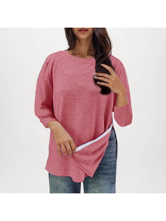 3/4 Sleeve Casual Tops Womens Comfy Side Zip up Split Crew Neck Tees Plain Tshirts Spring Fall Clothes (XL, Red)