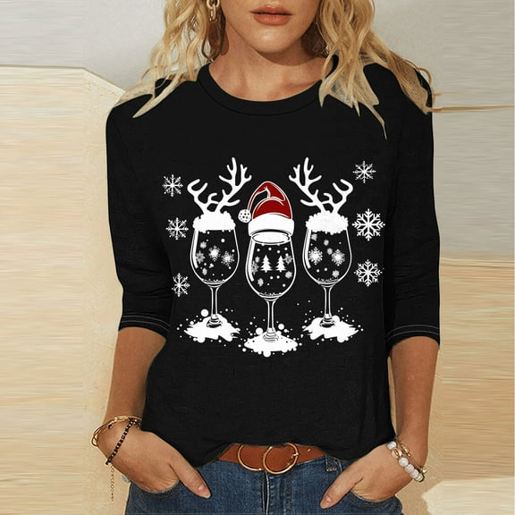 3/4 Sleeve Christmas Tops for Women Xmas Printed Crew Neck Graphic Tees Soft Cotton Festive T-shirts Plus Size (2XL, Black)