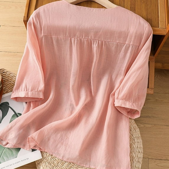3/4 Sleeve Cotton Linen Shirts for Women 2026 Summer Retro Embroidered Boho Tops Dressy Casual Trendy Vacation Blouse Pink M
