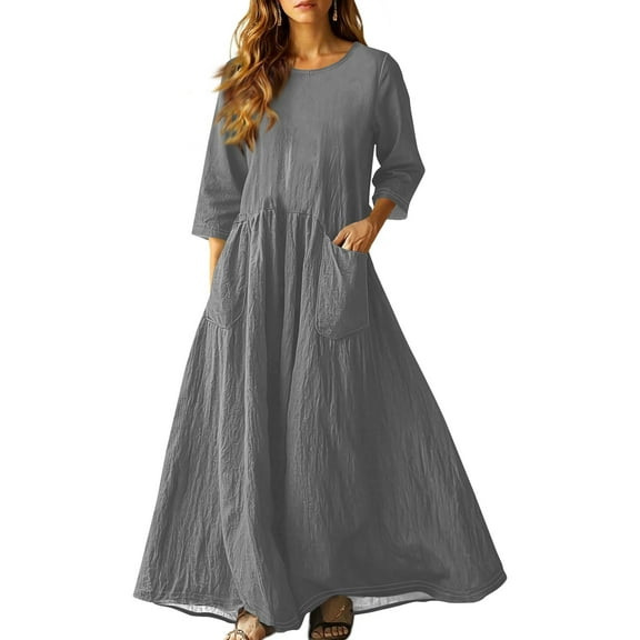 3/4 Sleeve Dress for Women Boho Maxi Dress 2025 Fall Casual Loose Long Maxi Dresses with Pockets Gray M